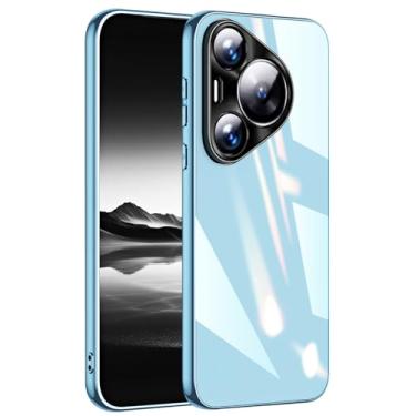 Imagem de POYUFRG Capa fina para Huawei Pura 70 Ultra/70 Pro/70 Pro+/70, proteção de lente com tudo incluído, moldura chapeada, capa traseira de vidro resistente, azul, 70 Pro +