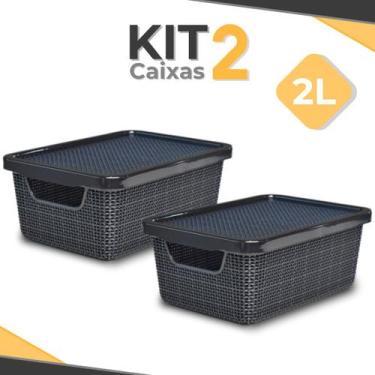 Imagem de Kit 2 Cesto Caixa Organizadora Jutta 2 Litros Preta C/ Tampa que Encai