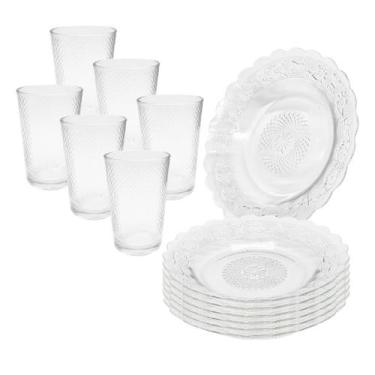 Imagem de Jogo 12 Peças Aparelho de Jantar 6 Pratos Fundo Liso Vidro + 6 Copos L