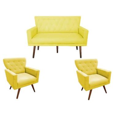 Imagem de Kit Namoradeira + 2 Poltronas Decorativa Aurora Suede Amarelo Pés Made