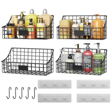 Imagem de Cesta de arame para pendurar na parede - pacote com 4, cestas organizadoras grandes de metal e prateleira de chuveiro de banheiro com 4 ganchos adesivos + 5 ganchos S, cestas e prateleiras montadas na