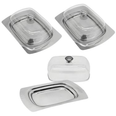 Imagem de Kit 3 Manteigueira Porta Manteiga Aço Inox Com Tampa Acrílica Retangul