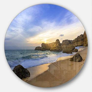 Imagem de Designart Lindo pôr do sol sobre o Algarve Arte de parede redonda à beira-mar de Portugal - Disco de 11, 28 cm A x 28 cm L x 2,5 cm P, azul