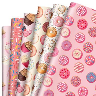 Imagem de AnyDesign 12 folhas de papel de embrulho doce rosé donuts cupcake muffin padrão embrulho para presente impressão de sobremesa em massa papel de arte para aniversário casamento chá de bebê DIY artesanato embalagem de presente, 40 x 70 cm, dobrado plano