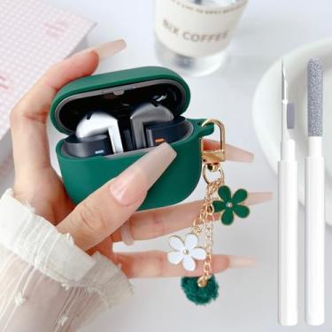 Imagem de Linda capa verde para Samsung Galaxy Buds 3/3 Pro/3 FE capa para meninas e mulheres com chaveiro de flor pompom e caneta limpadora, capa protetora de silicone macio para Galaxy Bud Pro 3/Buds3/Bud 3