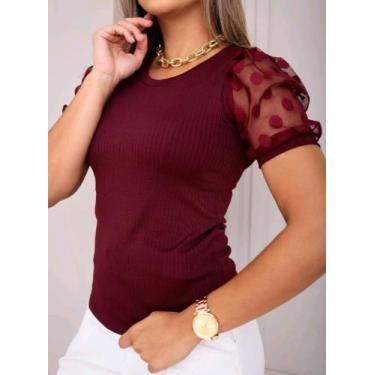 Imagem de Blusa Blusinha Manga Curta Tule Poa Plus Bolinha Bufante Feminina - es