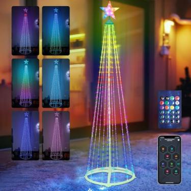 Imagem de Árvore de Natal com cone de 1,8 m, ao ar livre, árvore artificial iluminada por LED com temporizador e controle remoto, estrela de 370 LEDs, decoração para quintal, varanda, ambientes internos e