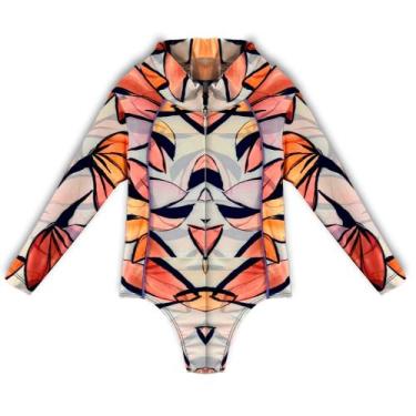 Imagem de Maiô Juvenil Manga Longa Estampado Com Zipper - WA modas, Branco, 12