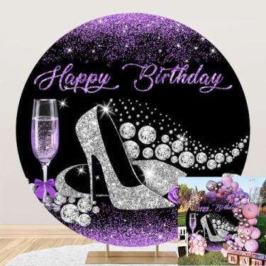 Imagem de Leyiyi 2,2 x 2,2 m com glitter roxo preto feliz aniversário capa de fundo redondo para festa de aniversário prata brilhante salto alto champanhe rosa brilhante diamante joias fotografia fundo bolo