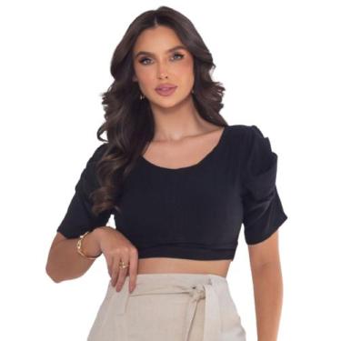 Imagem de Cropped Charmoso Em Viscolinho Manga Princesa - Lumia, Preto, G