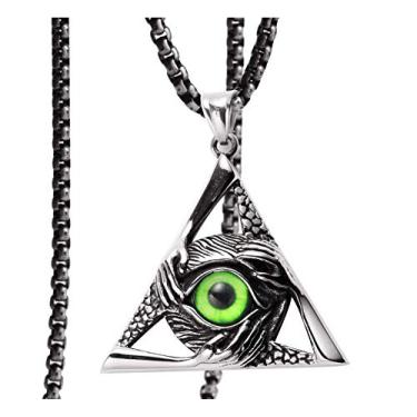 Imagem de Blowin Colar Hip Hop masculino retrô de aço inoxidável, vintage, proteção contra mau-olhado, triângulo, pingente Illuminati, olho egípcio de Horus Ra, corrente de 61 cm, Aço inoxidável, Zircão