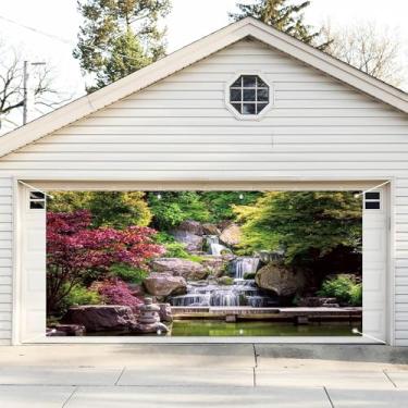 Imagem de 1,8 x 4 m Jardim Japonês Paisagem Garagem Porta Decoração Banner Retrô Vista Parque Cachoeira Árvores Bordo Ponte Kyoto Jardim Porta de Garagem Mural Decoração de Fundo para Exterior Interior Porta de