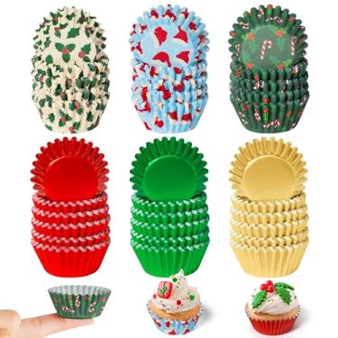 Imagem de COcnny Mini forros de cupcake de Natal – 600 peças de copos de papel alumínio para assar bolos de feliz Natal, doces descartáveis para fazer bolos de chocolate, suprimentos para festa de véspera de
