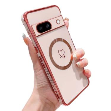 Imagem de SUYACS Capa magnética para Google Pixel 8a compatível com Magsafe Capa de telefone feminina fofa com revestimento de coração sem fio proteção contra quedas de carga macia Slim Fit galvanizado