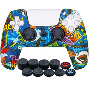 Imagem de YoRHa Capa espessa de silicone com impressão de transferência de água para controle PS5 x 1 (grafite azul) com 10 alças de polegar