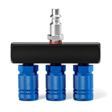 Imagem de TAISHER Coletor de ar reto de 3 vias, 4 portas, compressor de ar pneumático industrial de alumínio, soquete de conexão rápida, divisor de mangueira de ar tipo linha, com 3 acopladores e plugue NPT