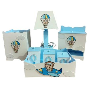 Imagem de Kit Higiene bebê MDF Ursinho Aviador Azul - Canaã Artbaby