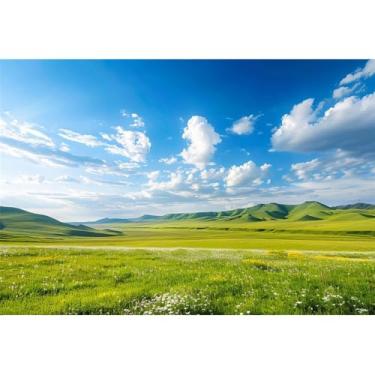 Imagem de AOFOTO Cenário de pastagem de 2,1 x 1,5 m, primavera, colinas, verde, flores, natureza, paisagem, fundo, céu azul, nuvens brancas, prado, caminhadas ao ar livre, decoração de Páscoa, retrato de bebê,