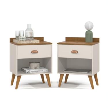 Imagem de Kit 2 Mesa de Cabeceira Quarto Mesinha Apoio Lateral Cama Box Casal Estilo Decoração Retrô Pérola 1 Gaveta (Offwhite/Freijó)