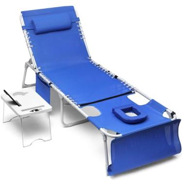 Imagem de Yestomo Cadeira de bronzeamento solar 3 em 1 com orifícios para o rosto, espreguiçadeira respirável ao ar livre, reclinável de 5 posições, deitada, mesa lateral dobrável, travesseiro removível, máximo