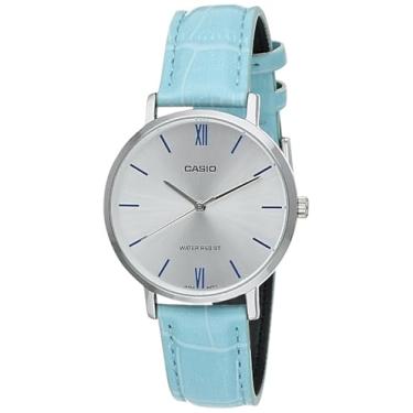 Imagem de Casio Relógio feminino de quartzo, mostrador analógico e pulseira de aço inoxidável, Azul/branco/azul, Relógio analógico, movimento de quartzo