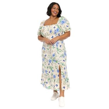 Imagem de bestmobilephonecases Vestido feminino de linho rayon gola redonda manga bufante cintura império comprimento midi fenda lateral verão floral, Creme/Denim Blue, 50