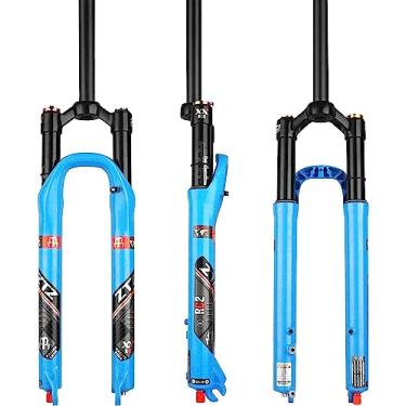 Imagem de ZTZ Garfo de suspensão de ar de liga de alumínio para bicicleta MTB 26/27,5/29" MTB, ajuste de rebote, trilho reto QR 9mm joureny 120mm com bloqueio manual/remoto XC AM FR MTB garfo dianteiro (azul com trava manual, 26")