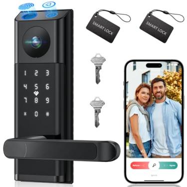Imagem de Fechadura inteligente de vídeo com câmera e campainha, fechadura de porta de entrada sem chave 5 em 1 com alça, impressão digital + código do teclado + controle remoto de aplicativo + cartão IC, trava