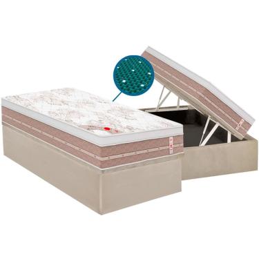 Imagem de Cama Baú Solteiro: Colchão Molas Castor Magnético Terapêutico Niponpedic + Box Courano Bege(88x188)
