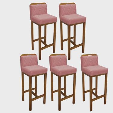 Imagem de Kit 05 Banqueta Alta Com Encosto Simon Cozinha Balcão Bistrô Base Madeira Castanho Suede Rose Gold - Ahz Móveis