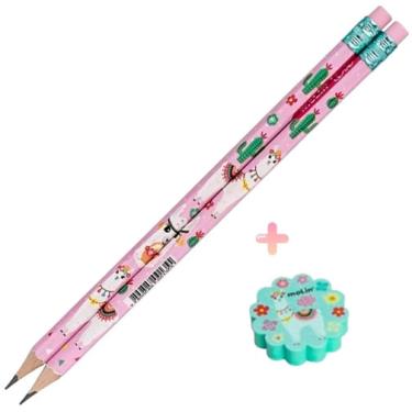 Imagem de Kit escolar Lápis Preto hb e borracha Lhama Cacto Rosa Molin