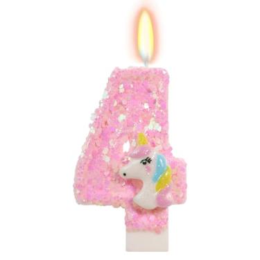 Imagem de FAMGift Velas de aniversário - vela número 4, decorações de 4º aniversário para meninas, velas de unicórnio rosa para topo de bolo, material de festa com tema de desenho animado