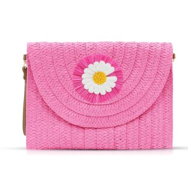 Imagem de Bolsas clutch com flores para mulheres, bolsa de praia rosa choque, bolsas transversais boêmias, pacote envelope de palha tecido à mão, Rosa choque, One Size