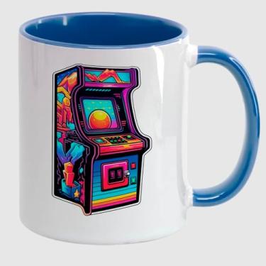 Imagem de Caneca Porcelana Branca Alça e Interior Azul Jeans 325ml - FLIPERAMA NEON RETROWAVE