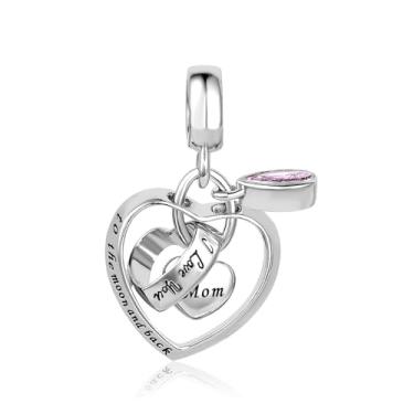 Imagem de MiiFort Pingente de coração de amor entrelaçado para mãe, serve para pulseiras Pandora com pedra de nascimento rosa, zircônia cúbica, família, filha, filho, dia das mães, aniversário