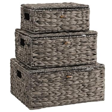 Imagem de Conjunto de 3 cestas de armazenamento de vime, caixas decorativas grandes retangulares de vime, cesta de vime de água natural para organizador de prateleira, preta