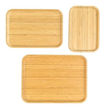 Imagem de Conjunto de 3 bandejas de bambu para servir – conjunto de tábua de charcutaria para queijo, carne, frutas e aperitivos – Travessa decorativa de madeira para cozinha, casa e banheiro armazenamento e