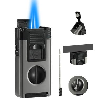 Imagem de Isqueiro de tocha, tudo em um isqueiro de butano com corte em V, perfurador, função de suporte, realçador de puxar, recarregável e ajustável à prova de vento, isqueiro a gás (vendido sem gás) (preto +