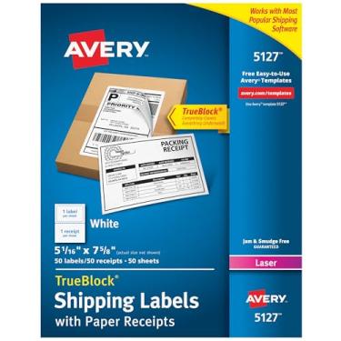 Imagem de Avery Etiquetas de envio com recibos de papel e tecnologia TrueBlock para impressoras a laser 13 x 19 cm, pacote com 50 (5127), branco