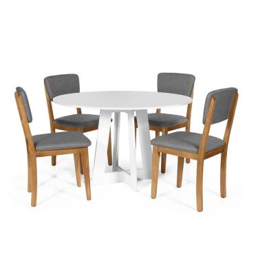 Imagem de Mesa De Jantar Redonda Montreal Branca Com 4 Cadeiras Estofadas Ella Cinza Escuro