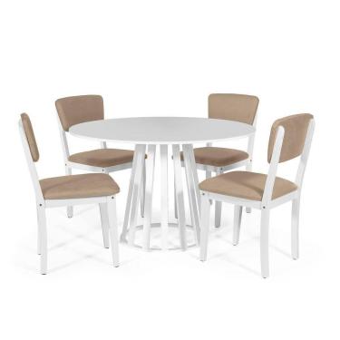 Imagem de Mesa De Jantar Redonda Gabi Branca Com 4 Cadeiras Estofadas Ella Branco/marrom Claro