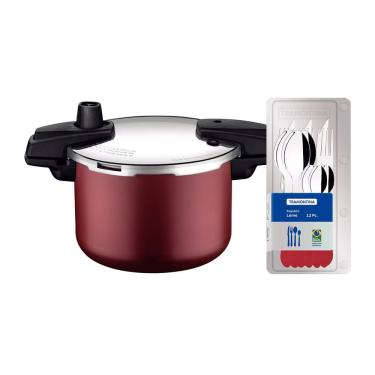 Imagem de Panela de Pressão Tramontina Arizona em Alumínio, Revestimento Starflon Max 4,5L – Vermelha + Faqueiro 12 Peças Leme, Lâminas em Aço Inox – Vermelho