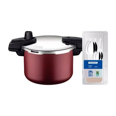 Imagem de Panela de Pressão Tramontina Arizona em Alumínio, Revestimento Starflon Max 4,5L – Vermelha + Faqueiro 12 Peças Leme, Lâminas em Aço Inox – Cinza