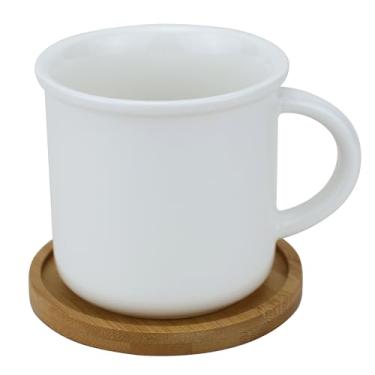 Imagem de EIKS Caneca de café de cerâmica de 350 ml com alça e pires de madeira para café com leite, chá, cacau, leite, quente, frio, beber