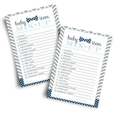 Imagem de Cartas de jogo com palavras de chá de bebê com gravata borboleta (pacote com 25) Tema do Menino Pequeno – Atividades divertidas – Convidados a desembrulhar a lista de mix-up – Azul marinho e cinza
