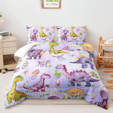 Imagem de AILONEN Conjunto de edredom kawaii, solteiro, desenho animado de dinossauro, selva, para meninos e meninas, estampa de folhas coloridas, edredom macio com 2 fronhas, 3 peças