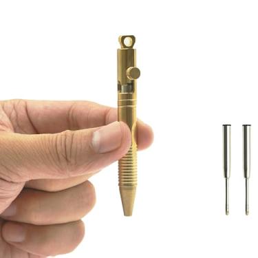 Imagem de YEEMO Mini caneta de latão com chaveiro de liberação rápida, caneta de bolso EDC feita à mão, 76 mm com 2 refis de substituição e caixa de presente (latão QR)