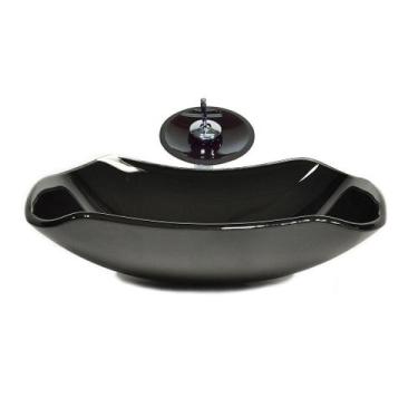 Imagem de Cuba de vidro abaulada 51cm preto + valvula + torneira cascata - Cubas