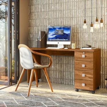 Imagem de Mesa de Computador Dubai com 4 Gavetas Corrediça Telescópica e Chave Tampo 25mm em MDP com Rodízios Puxadores Cromados Design Moderno Espaçosa Ideal para Escritório Home Office Estudo (Amêndoa)
