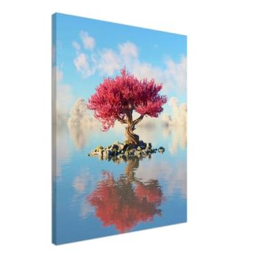 Imagem de PUREVACY Arte de parede de céu azul e árvore de flor rosa para sala de estar. Decoração de parede de quarto para acima da cama. Arte de árvore rosa para paredes estilo vertical 60 x 75 cm / 24 x 30 ″